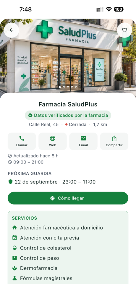 Ficha de una farmacia verificada, con foto real
